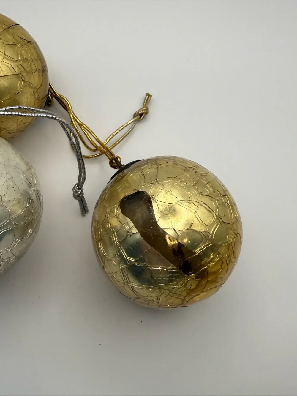 Set of 4 Vintage Metallic Gold & Silver Ornaments, Kugel Style, mercury glass
